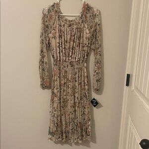 Kate Hill Floral Long Sleeve Dress - Cream and Brown